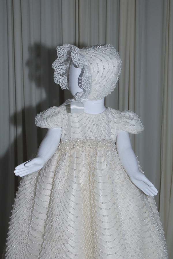 Amira baptism gown with puff sleeves and pearl-detailed waist