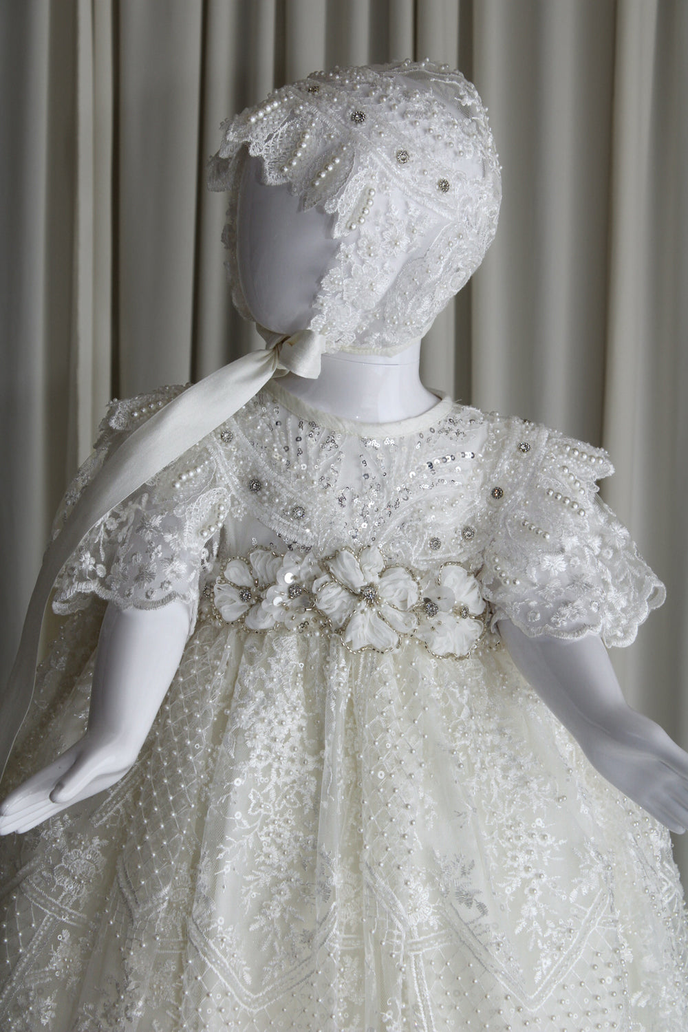 Aytana pearl baptism gown for baby girl with intricate embroidery and matching bonnet