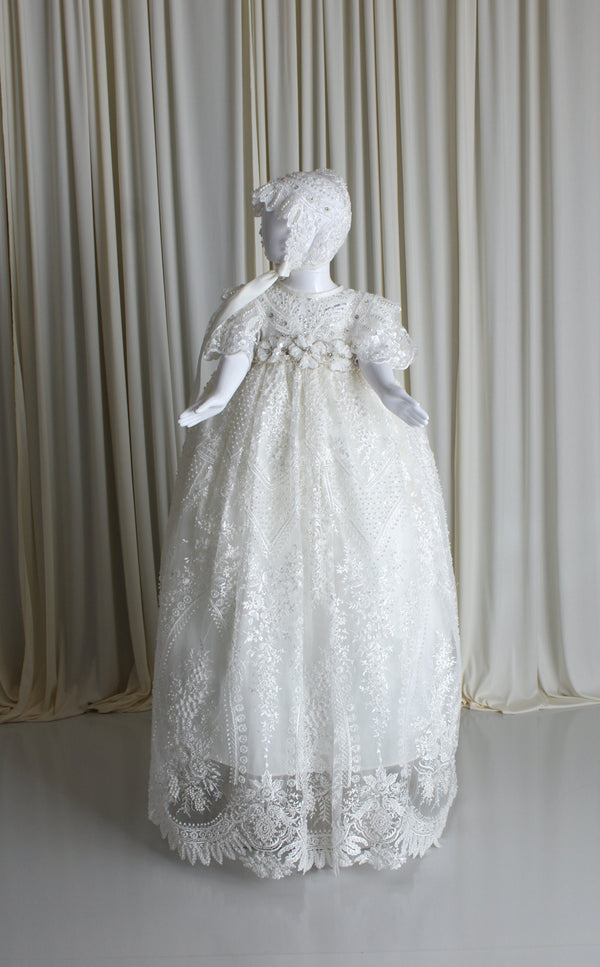 Aytana pearl baptism gown for baby girl with intricate embroidery and matching bonnet