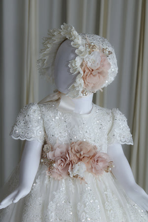 Elyza baptism gown for baby girl with lace embroidery and blush floral appliqué