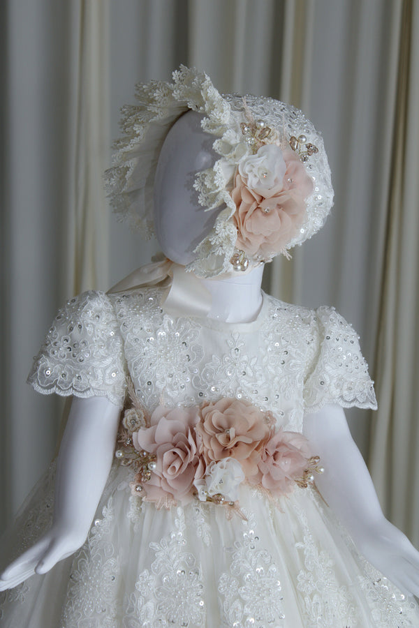 Elyza baptism gown for baby girl with lace embroidery and blush floral appliqué