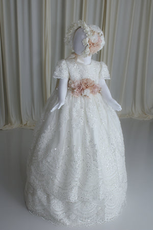 Full-length view of the Elyza christening gown in soft ivory