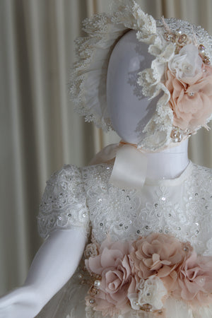 Elyza baptism gown with matching bonnet and blush floral detail